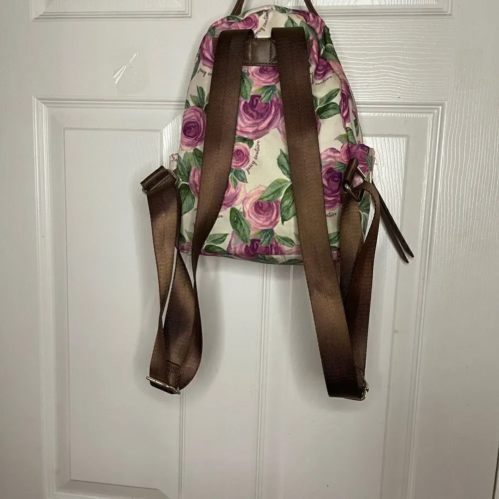 Juicy Couture Nylon mauve roses and green leaf prints mini backpack brown trims.